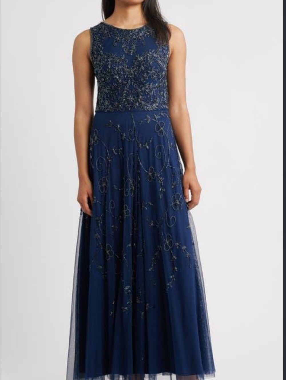 Pisarro Nights Navy Blue Beaded Mesh Gown